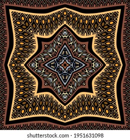 Ethnic seamless pattern. Ornamental background. Repeat colorful vector backdrop. Indian style ornaments with square frame, geometric shapes, zigzag lines, borders. Tribal design for shawl, bandana.