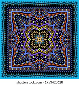 Ethnic seamless pattern. Ornamental background. Repeat colorful vector backdrop. Floral abstract ornaments with square frame, geometric shapes, zigzag lines, borders. Ornate design for shawl, bandana.