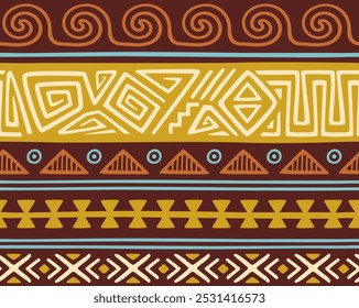 Ethnic seamless pattern. Repeating tribal ornament with abstract geometric shapes and symbols in Navajo style. Aztec design element for wallpaper and fabric printing. Hand drawn vector illustration