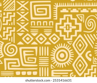 Padrão étnico sem emenda. Ornamento tribal repetitivo com formas geométricas abstratas e símbolos astecas. Elemento de design navajo para tecido, papel de parede e papel de embrulho. Ilustração de vetor desenhada à mão plana