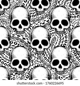 Ethnic seamless pattern with skulls. Great for printing on fabric, paper, wallpaper and other surfaces. Vector Illustration.