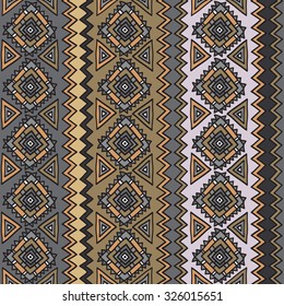 Ethnic seamless pattern in soft pastel colors. Diamonds, triangles, stripes, zigzags, painted by hand.