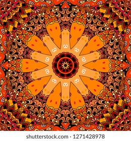 Ethnic seamless pattern with stylized wheel on motley ornamental background. Bandana print, carpet, wrapping design.