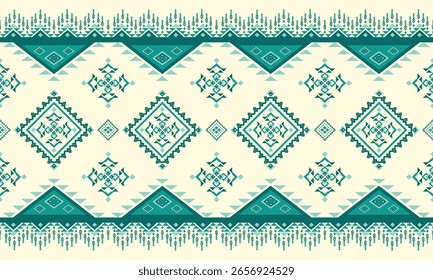 Ethnic seamless pattern tone green on cream background.Design for carpet curtains,texture ,background,backdrop,wallpaper,clothing,wrapping.
