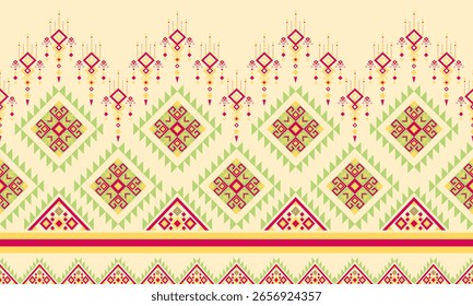 Étnico sin fisuras patrón tono verde claro y amarillo sobre fondo crema. Diseño para cortinas de alfombra, textura, fondo, telón de fondo, Fondo de pantalla, ropa, envoltura.

