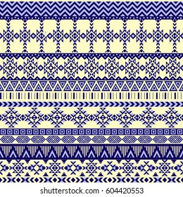 Ethnic seamless pattern with triangle and abstract geometric ornament. Tribal blue and white background texture. Native american navajo aztec pattern. Vector illustration hipster background.