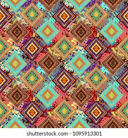 Ethnic seamless pattern. Tribal art boho print. Abstract tiled geometric background texture. Paint spots