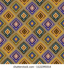 Ethnic seamless pattern. Tribal art boho print. Abstract tiled geometric background texture. Paint spots