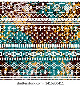 Ethnic seamless pattern. Tribal art boho print. Abstract geometric repeating background texture. Paint spots. Fabric design, wallpaper