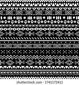 Ethnic seamless pattern. Tribal geometric print. Boho repeating ornament. Background texture. Fabric design, wallpaper in black and white