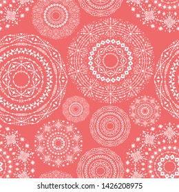 Ethnic seamless pattern with tribal ornaments. Boho geometrical pattern. Living coral color