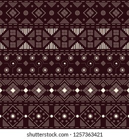 Ethnic seamless pattern in tribal style. Dark red and white color for textile design. Hand drawn background. Vector stock illustration.