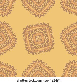 Ethnic Seamless Pattern. Tribal Texture with Bright Square Motives Hand Drawn in Native American Style. Geometric Ornament for Textile, Fabric