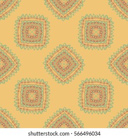 Ethnic Seamless Pattern. Tribal Texture with Bright Square Motives Hand Drawn in Native American Style. Geometric Ornament for Textile, Fabric