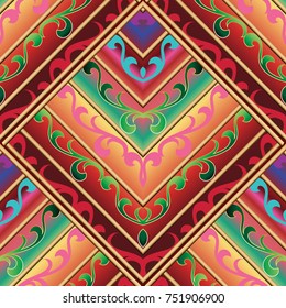 Ethnic seamless pattern. Vector colorful background in aztec stile. Geometric tribe tiled wallpaper. Striped floral design with rhombus frames, stripes, flowers, vintage damask ornaments. 3d texture