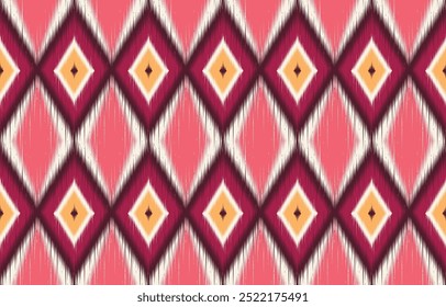 Ethnic seamless pattern with vibrant pink and burgundy diamonds. Ikat-inspired geometric design. Boho chic background. Abstract in warm colors. Trendy textile pattern for fashion and interior design.