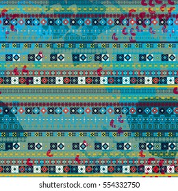 Ethnic seamless pattern. Watercolor background, paint spots.   Distressed print. Paint spots. Abstract texture, wallpaper, wrapping