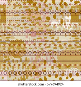 Ethnic seamless pattern. Watercolor background, paint spots. Distressed print. Abstract repeating texture, wallpaper