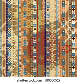 Ethnic seamless pattern. Watercolor background, paint spots. Distressed print. Abstract texture, wallpaper, wrapping