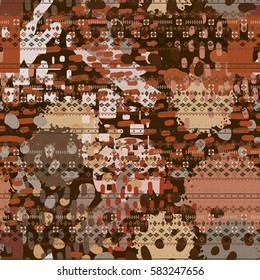 Ethnic seamless pattern. Watercolor background, paint spots. Distressed print. Abstract repeating texture, wallpaper