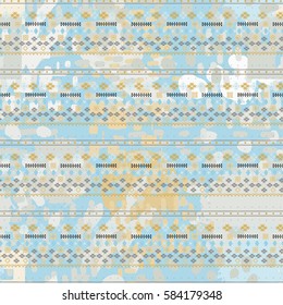 Ethnic seamless pattern. Watercolor background, paint spots. Distressed print. Abstract repeating texture, wallpaper