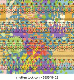Ethnic seamless pattern. Watercolor background, paint spots. Distressed print. Abstract repeating texture, wallpaper