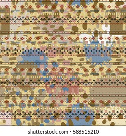 Ethnic seamless pattern. Watercolor background, paint spots. Distressed print. Abstract repeating texture, wallpaper
