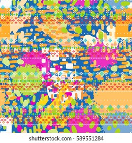Ethnic seamless pattern. Watercolor background, paint spots. Distressed print. Abstract repeating texture, wallpaper
