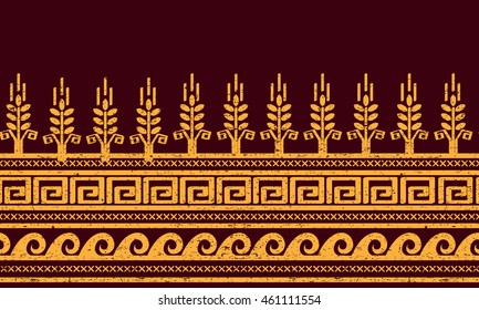 Ethnic seamless pattern. Wheat, meander, and water symbols.