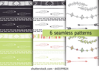 Ethnic seamless patterns collection with arrows, feathers, garlands, laurel. Tribal vector patterns for design. Boho patterns set