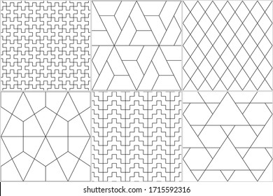 Ethnische Sammlung nahtloser Muster. Rhombusse, Diamanten, Losenges, Dreiecke, Hexagons, Kreuzungen motif. Folk druckt. Geometrischer Ziersatz. Tribale Bildschirmhintergründe. Abstrakt Bilder. Vektorillustrationen bündeln.