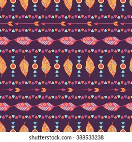 Ethnic seamless patterns with colorful feathers, triangles and arrows on dark background. Perfect for wallpaper, gift paper, pattern fills, web page background, textile, greeting cards and more