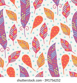 Ethnic seamless patterns with colorful feathers and triangles on white background. Perfect for wallpaper, gift paper, pattern fills, web page background, textile, greeting cards and more