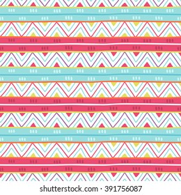 Ethnic seamless patterns with colorful stripes, zig zag and triangles on white background. Perfect for wallpaper, gift paper, pattern fills, web page background, textile, greeting cards and more