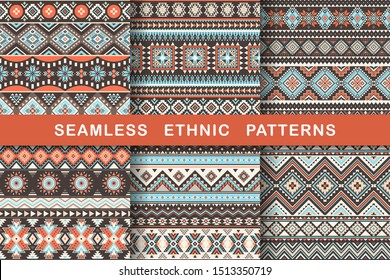 Ethnic seamless patterns. Set of aztec geometric backgrounds. Collection of stylish navajo fabric. Tribal modern abstract vector illustration.