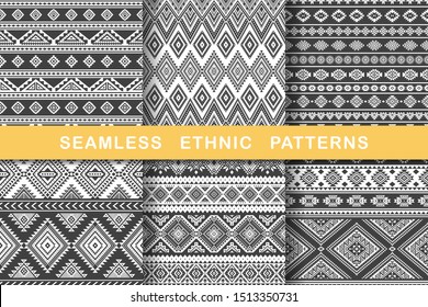 Ethnic seamless patterns. Set of aztec geometric backgrounds. Collection of stylish navajo fabric. Tribal modern abstract vector illustration.
