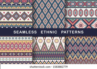 Ethnic seamless patterns. Set of aztec geometric backgrounds. Collection of stylish navajo fabric. Tribal modern abstract vector illustration.