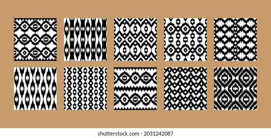 Ethnic seamless patterns set. Boho abstract textile prints collection. Black and white geometric wallpapers.