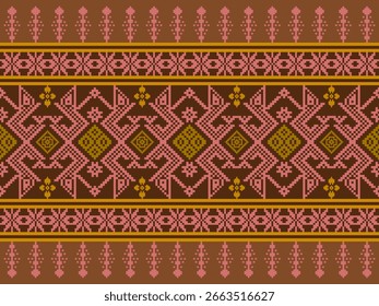 Padrão De Pixel Sem Costura Étnico. Este padrão de tecido geométrico tradicional apresenta tons de marrom, rosa e amarelo dourado. Bordados, têxteis, tecidos, cortinas, cachecóis.