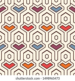 Ethnic seamless surface pattern. Repeated interlocking geometric figures. Tribal wallpaper. Native americans ornamental abstract background. Geo digital paper, textile print. Vector art