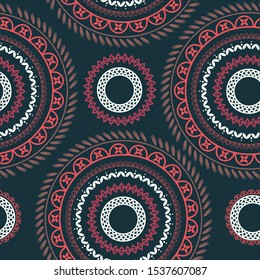 Ethnic seamless textile pattern ornate shapes on dark background repeat endless background for cloth, carpet, shirts, fabric prints