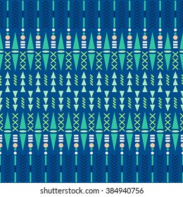 Ethnic seamless vector pattern. Aztec blue and mint fabric design with geometric shape elements.