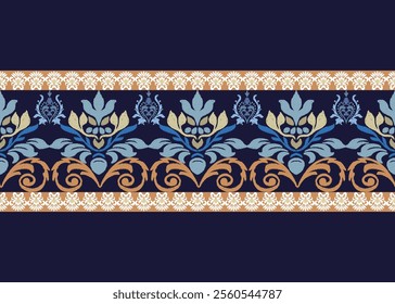 Ethnic seamless woven fabric illustration, vintage blue embroidery, floral pattern, wrapping pattern, silk, scarf, background, textile, carpet, doormat, texture, hand drawn