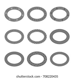 Ethnic set collection. Antique geometric borders in black color on the white background. Greek oval frames with brushes. Vector illustration