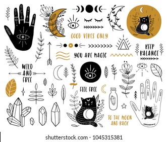 Ethnic set with hands, moon, crystals, quartz, floral, plant, cats, eye and other magic elements. Vector illustration