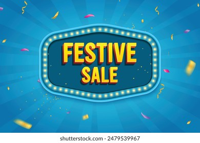 Ethnic Shape 3D Lightbox With Glowing Bulb On Blue Background. Retro Theme Design Vector Illustration. Festive Sale Concept.