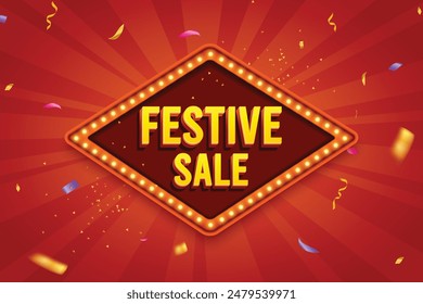 Ethnic Shape 3D Lightbox With Glowing Bulb On Red Background. Retro Theme Design Vector Illustration. Festive Sale Concept.