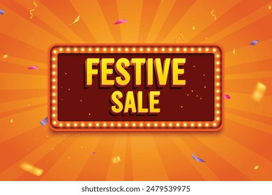 Ethnic Shape 3D Lightbox With Glowing Bulb On Orange Background. Retro Theme Design Vector Illustration. Festive Sale Concept.