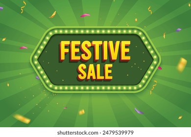 Ethnic Shape 3D Lightbox With Glowing Bulb On Green Background. Retro Theme Design Vector Illustration. Festive Sale Concept.