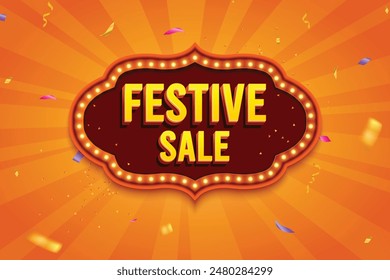 Ethnic Shape 3D Lightbox With Glowing Bulb On Orange Background. Retro Theme Design Vector Illustration. Festive Sale Concept.